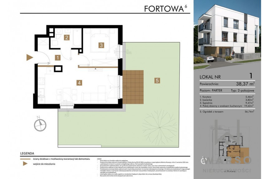 Warszawa, Bielany, Fortowa, 2 pokoje, ogródek z tarasem 56 mkw, garaż.